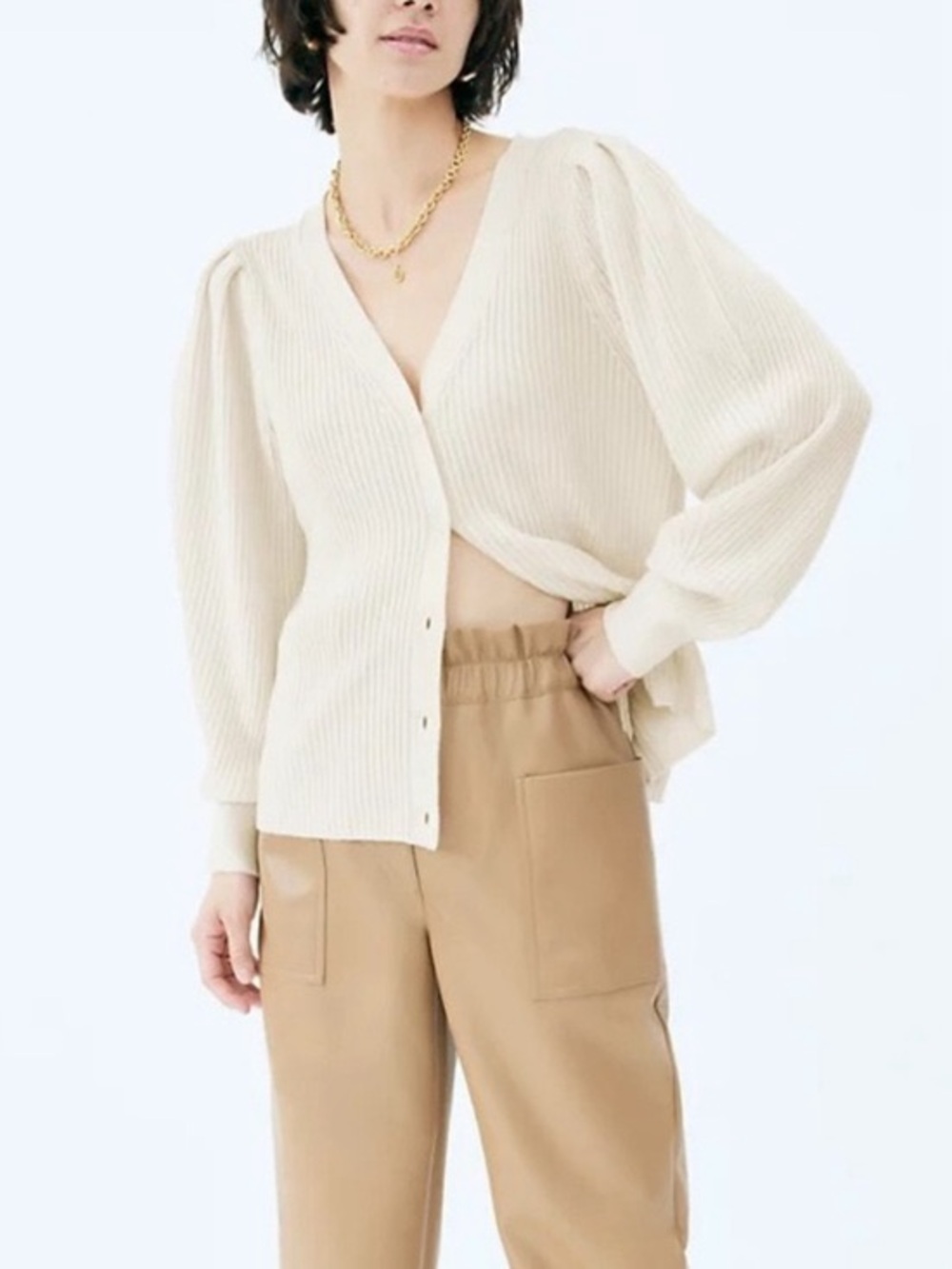 Aritzia Wilfred Carina Cream Ribbed V-Neck Puff-Sleeve Cardigan Sz XS